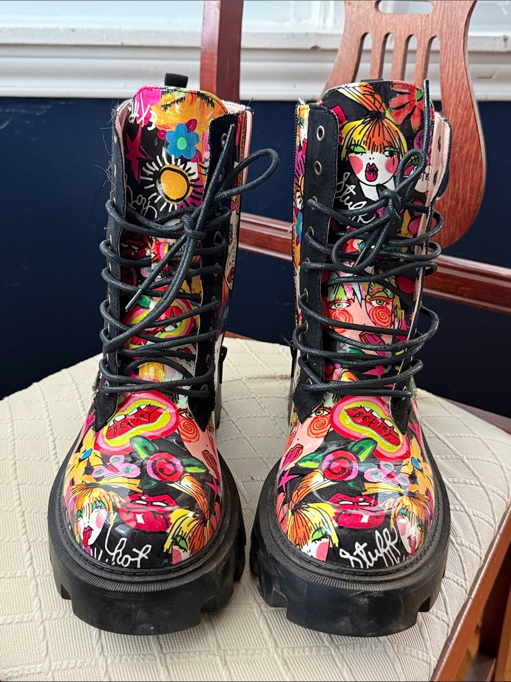 Betsey Johnson Black Pink Red Multi Floral Graphic Lace-Up Combat Boots - Picture 5 of 8